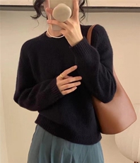 秋季新款女士宽松显瘦纯色羊毛衫马鞍肩设计百搭套头毛衣，女装羊毛衫，恒恩羊绒