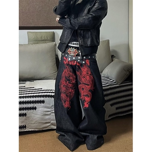 W10681-P58 网图现货 重工刺绣龙文艺宽松阔腿牛仔裤图片