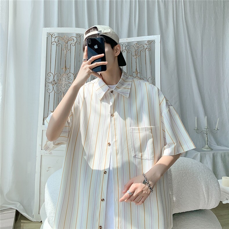 冰丝港风条纹衬衫男士短袖宽松夏天衬衣半袖上衣DX168P3555,男装T恤,电商B413-1
