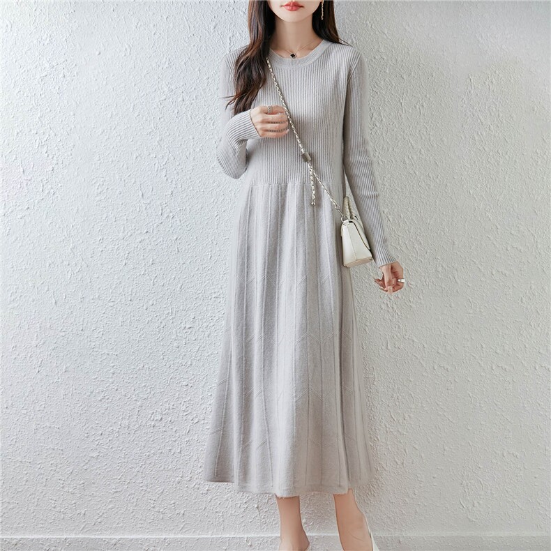 2025年秋季休闲风中长款长袖圆领下摆波纹款，女装连衣裙，绒汀羊绒