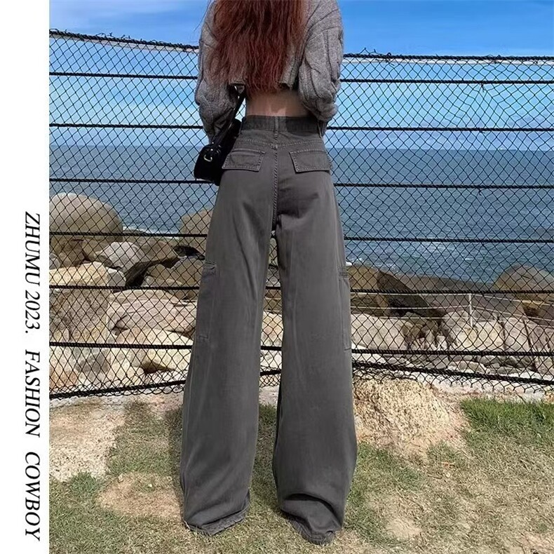 美式复古灰色工装裤女夏季新款高腰宽松阔腿显瘦百搭直筒牛仔裤子,男装牛仔裤,星座813-2