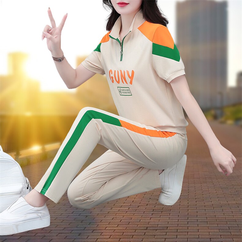 燕颉立领运动服短袖套装女2023年夏季新款跑步服时尚休闲服两件套,女装套装/套裙,燕颉服饰