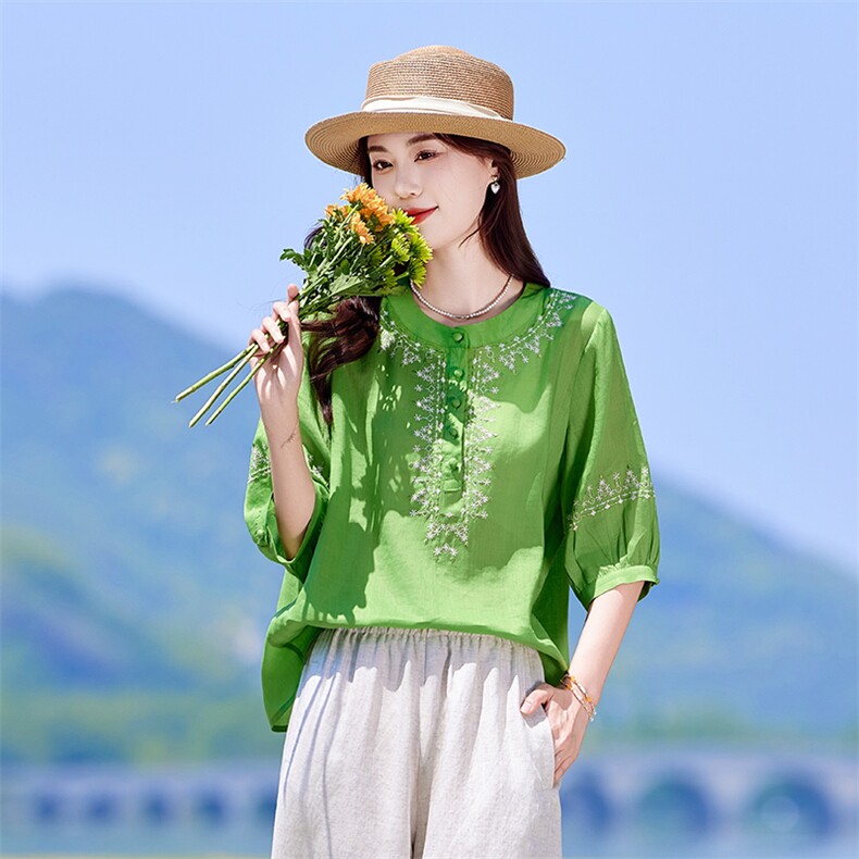 文艺复古刺绣七分袖衬衫女2025夏季新款宽松显瘦气质休闲百搭上衣，女装衬衫，靓衣阁