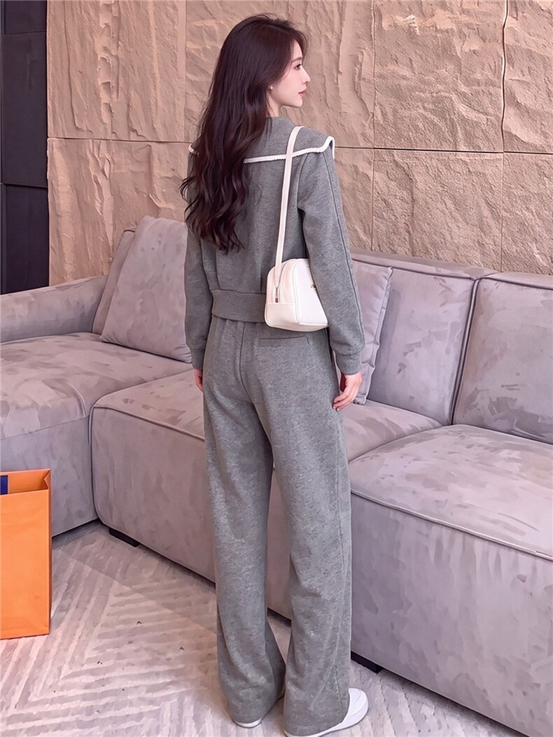 欧货休闲时尚套装女春秋灰色短款双头拉链长袖卫衣阔腿长裤两件套,女装套装/套裙,江南