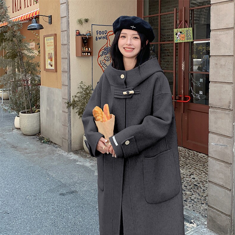 燕麦色牛角扣连帽双面呢大衣女秋冬2025新款高级感质感韩系外套,女装毛呢外套,2D080