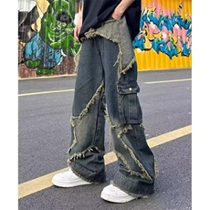 五角星设计牛仔裤男美式复古大口袋毛边做旧水洗高街工装阔腿长裤，男装牛仔裤，星座506A