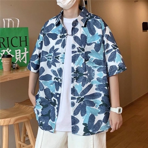 花衬衫男短袖夏季潮港风设计感小众宽松潮牌休闲五分袖衬衣图片
