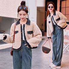 牛仔拼接粉色羊羔毛外套女冬季2025新款小个子独特超好看显瘦棉服，女装羊羔毛/颗粒绒，慧尚依恋