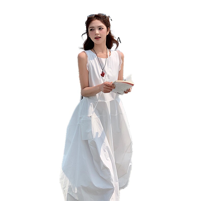 法式温柔风白色无袖背心连衣裙女2025夏季新款百搭宽松绝美A字裙,女装连衣裙,2C025