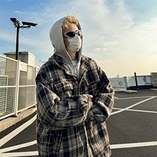 秋冬季新款假两件格子外套日系复古宽松休闲时尚连帽夹克，男装夹克，星座410-7