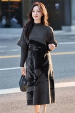 【现货】2025年秋季新款假两件水墨花毛衣裙中长款显瘦气质，女装针织衫/毛衣，辉煌依升