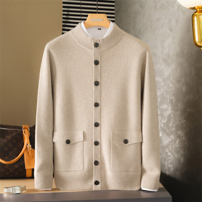 2025年秋季新款百搭男士带兜扣子羊绒开衫，男装羊绒套衫，麦纱纱羊绒
