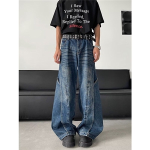 设计感高街牛仔裤男女韩版潮流帅百搭2025夏季ins长裤RK2791-P61图片