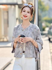 新中式国风提花灰色短外套女2025春新款高端禅意气质百搭盘扣唐装，女装短外套，美沁