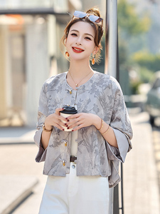 新中式国风提花灰色短外套女2025春新款高端禅意气质百搭盘扣唐装图片