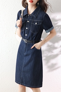 薄款牛仔衬衫连衣裙女2025年夏季新款气质收腰小个子短袖翻领裙子图片