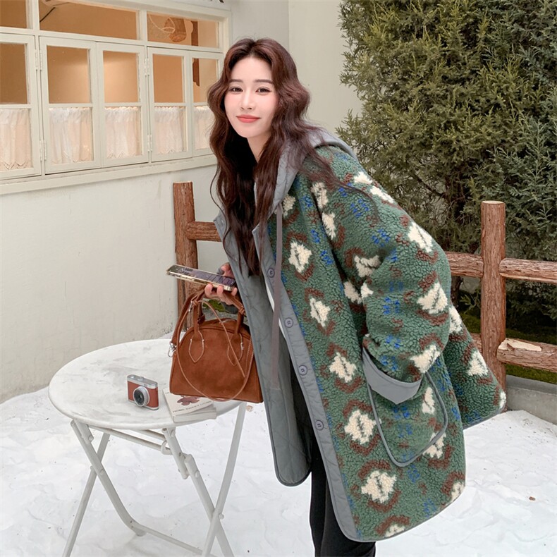 绿色两面穿羊羔毛外套女2025冬季新款宽松加厚小个子休闲短外套,女装毛呢外套,2C093