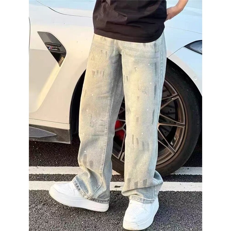 扎染泼墨牛仔裤男款美式vibe风格裤子高街潮牌痞帅直筒弯刀微喇裤,男装牛仔裤,星座506A