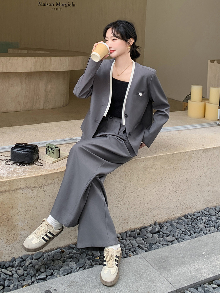高级感灰色西装套装女2025春季新款干练气质短外套阔腿裤两件套潮,女装套装/套裙,新思路