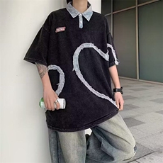 C497P38夏装新款青少年五分袖潮牛仔拼接宽松做旧夏季polo衫情侣，男装Polo衫，星座512-6