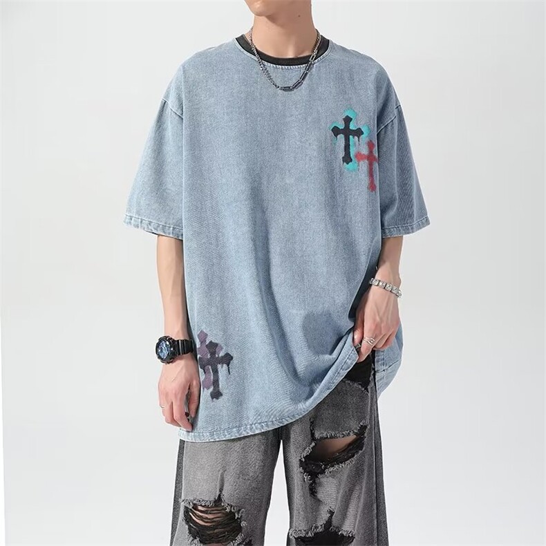 美式复古做旧牛仔短袖t恤男女2026夏季新款宽松情侣体恤ST214-P55,男装T恤,星座412