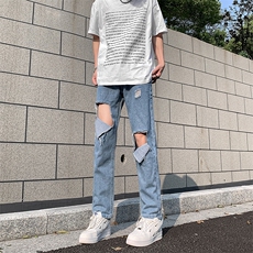 现货夏季破洞毛边五分牛仔裤浅蓝色乞丐中裤K065-K067-P35控58，男装牛仔裤，星座205