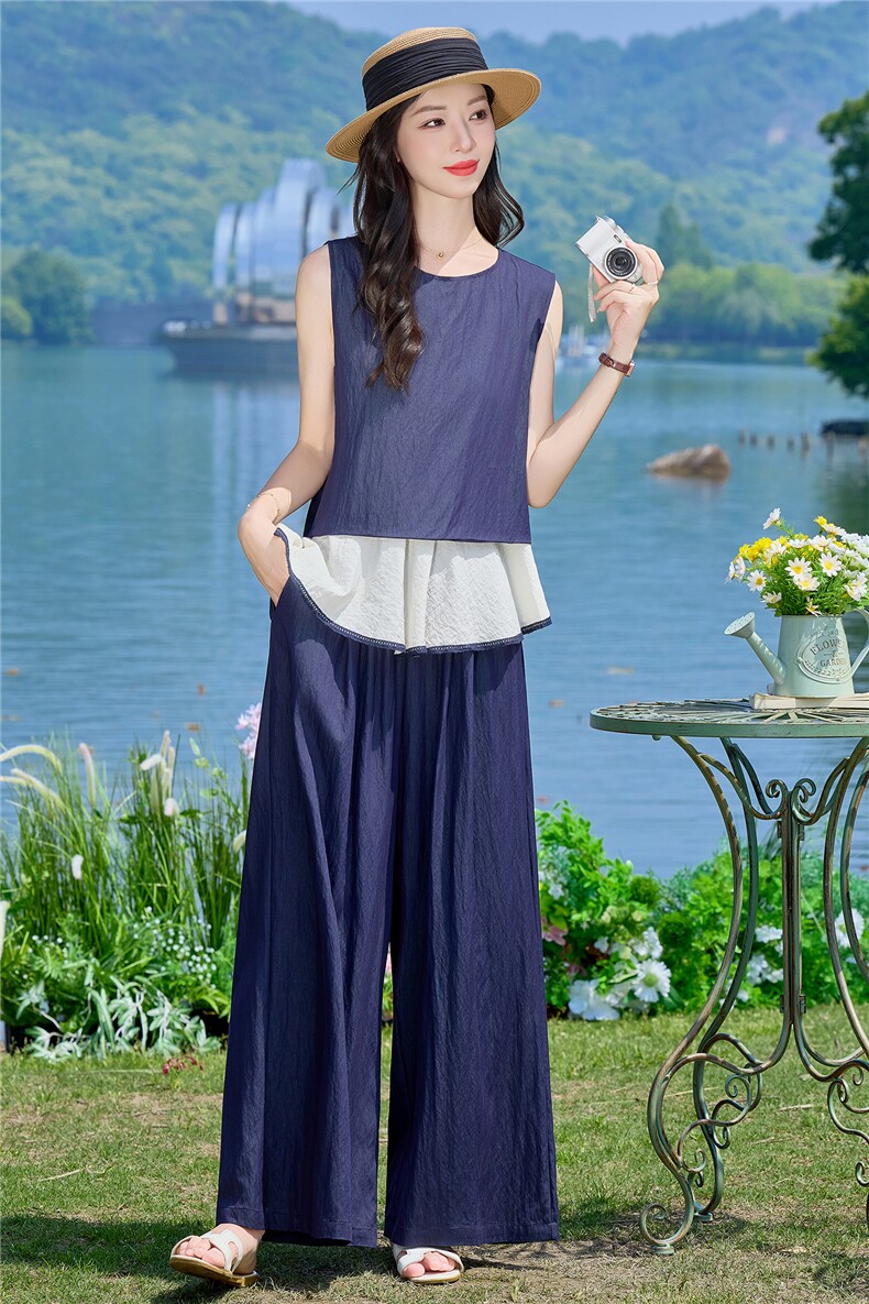 （新款现货）2026夏装时尚莱赛尔假两件上衣+阔腿裤套装两件套女,女装套装/套裙,印象茜