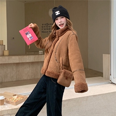 美拉德加绒加厚皮毛一体外套女2025冬季新款韩版保暖显瘦棉服上衣，女装皮草，2C306