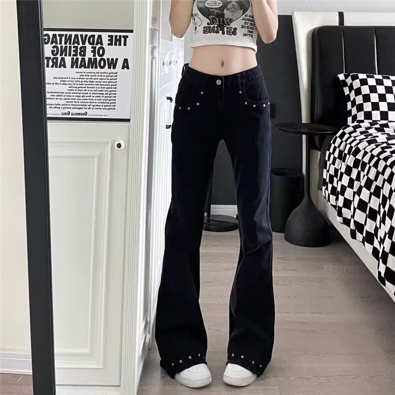 美式复古铆钉装饰设计牛仔裤男女显瘦直筒微喇潮流百搭长裤子图片