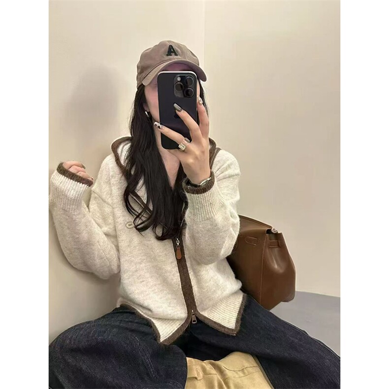 毛衣女极简风高领针织开衫女秋冬宽松大码毛衣外套短款上衣,针织衫/毛衣,暖姿羊绒