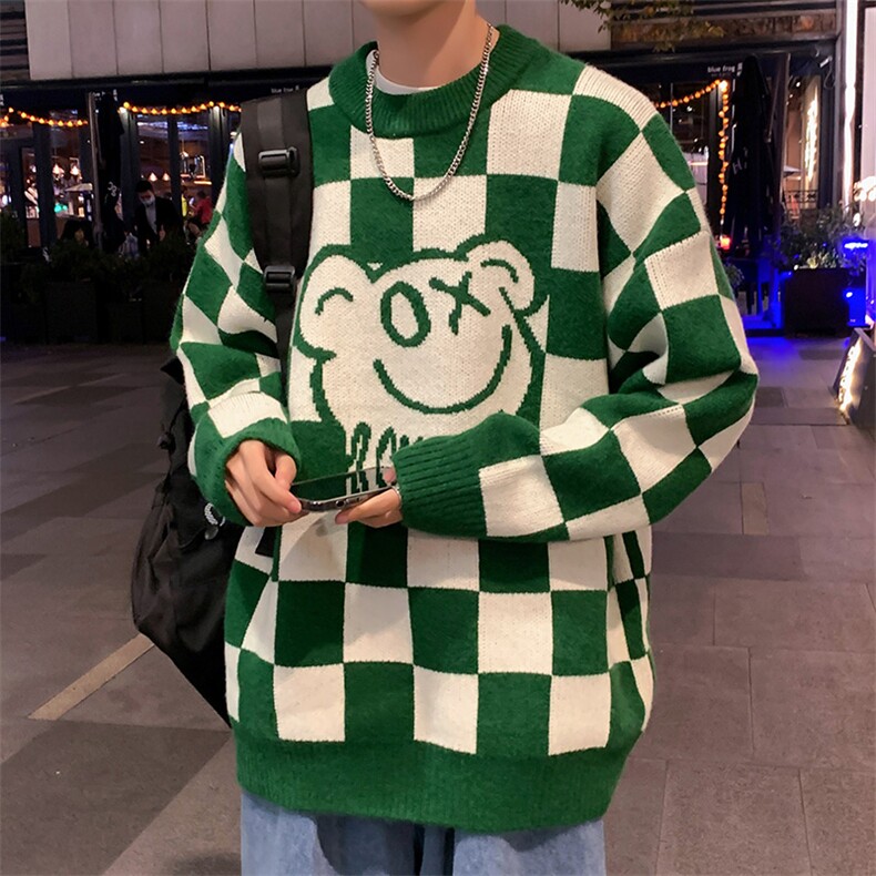 M3119-P80冬装加厚棋盘格休闲百搭毛衣男女情侣宽松针织衫控98,男装针织衫/毛衣,电商A009A（原A058A）