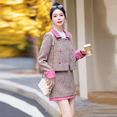 【新款现货】2024年冬季新款法式小香气质撞色双排扣两件套20毛，女装套装/套裙，奕薇雅