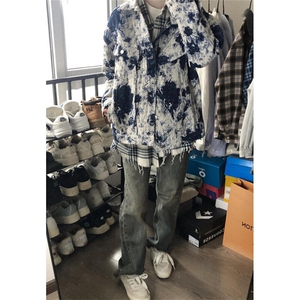 扎染牛仔外套男港风痞帅炸街上衣春秋季情侣宽松工装夹克 J2194图片