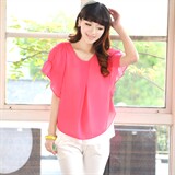 时尚宽松雪纺衫女夏季新款韩版百搭显瘦短袖上衣蓝色甜美衬衫，女装蕾丝衫/雪纺衫，雪樱依海