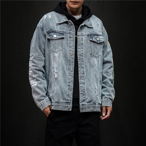 jk822-p80 M-5XL黑墙ins牛仔夹克拉链破洞大码男日系CITYBOY图片