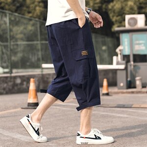 2021夏季新款外景日系大码男亚麻魔术贴七分裤休闲裤K373-P35图片