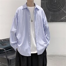 港风宽松休闲条纹百搭潮流长袖衬衫上衣男装D201-DM85-P45，男装衬衫，电商D321-1