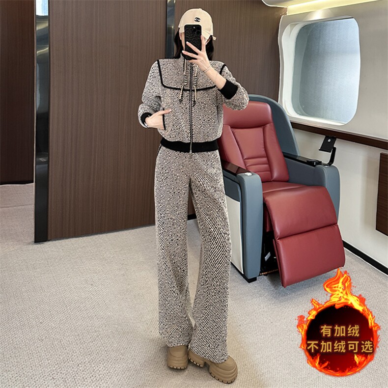 时尚显瘦加绒开衫卫衣阔腿裤两件套女冬季新款休闲套装,女装套装/套裙,江南