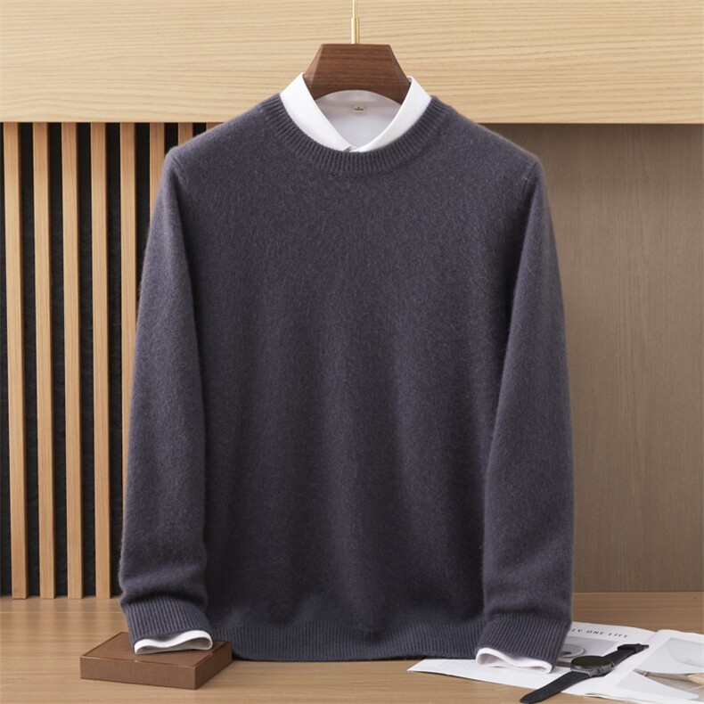 2024秋冬新款35%羊绒男士圆领七针双股纯色套头羊绒衫，男装羊绒套衫，戎美山