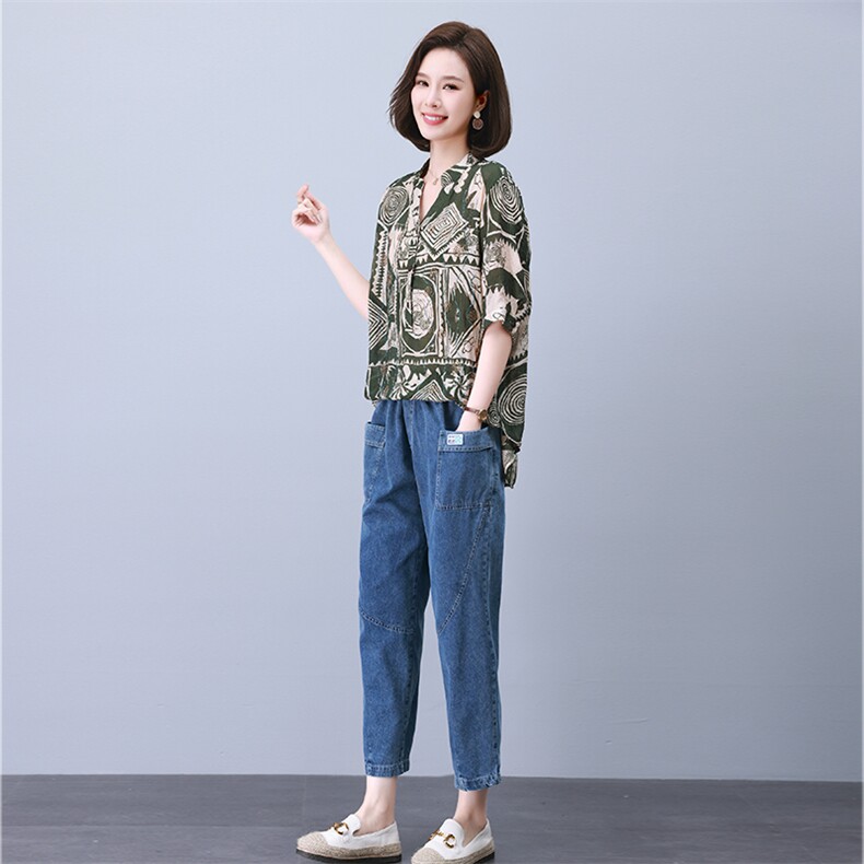 时尚拼接印花镶钻套装宽松显瘦气质女装优雅百搭休闲上衣,女装套装/套裙,叶笙衣