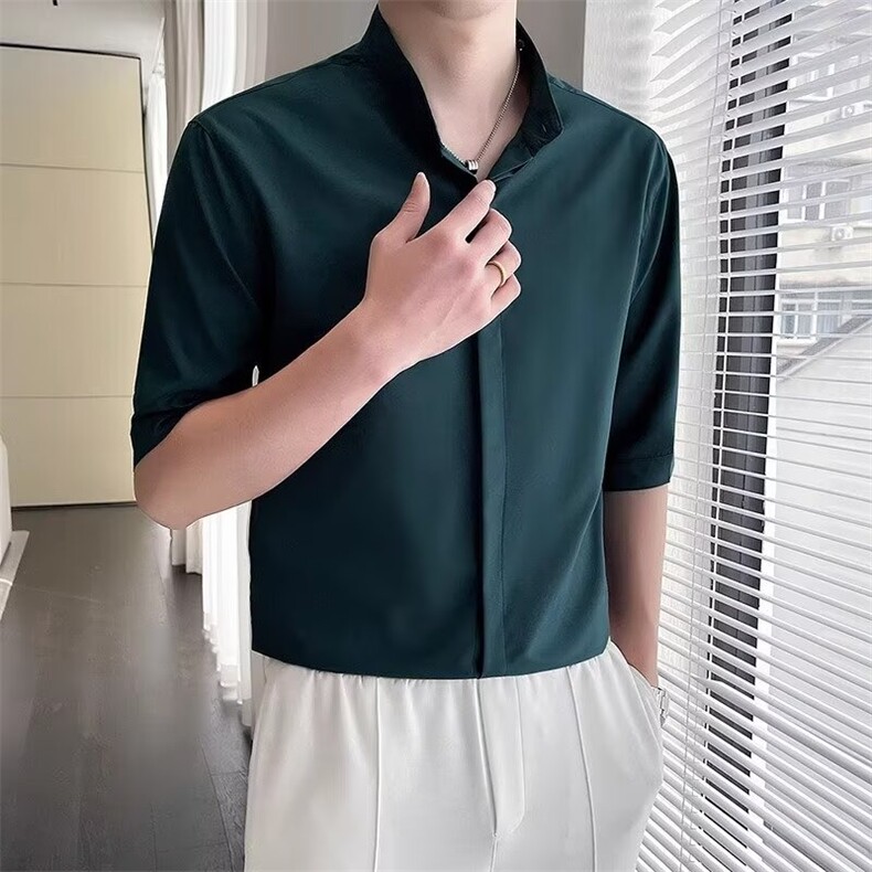 轻熟风新中式短袖衬衫男夏季休闲男装垂感立领5五分半袖衬衣简约,男装T恤,星座506A