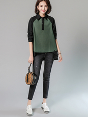 休闲时尚拼色衬衫潮流百搭舒适中长款翻领纽扣，女装衬衫，深水步