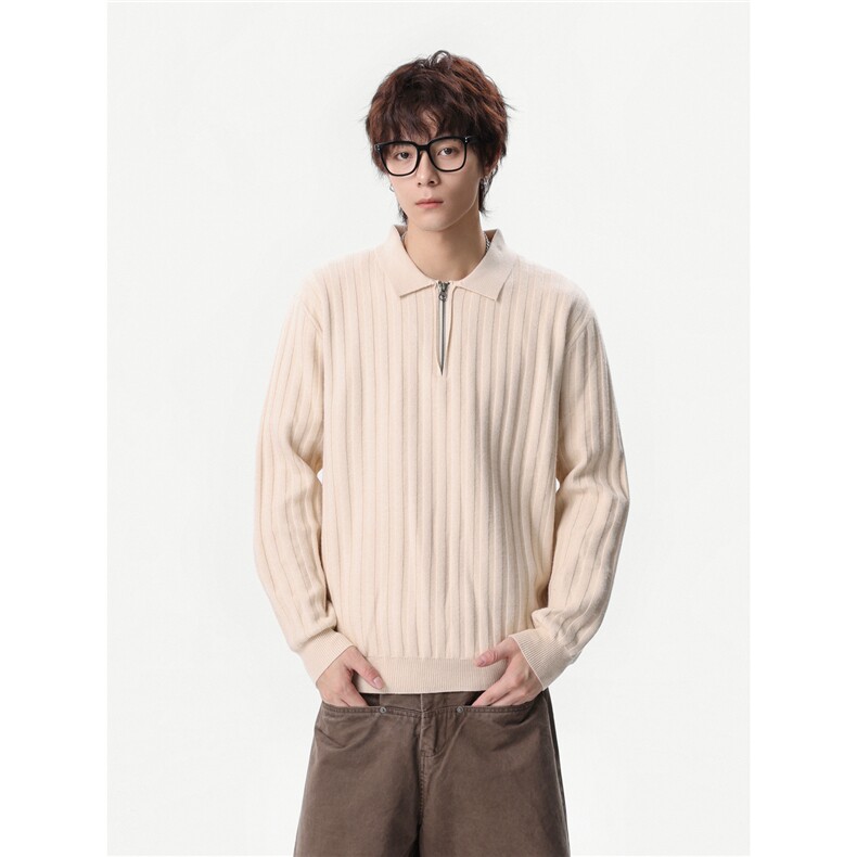 1303B-MY812-P5888老钱风半拉链针织polo衫男女翻领坑条毛衣,男装针织衫/毛衣,星座1303B