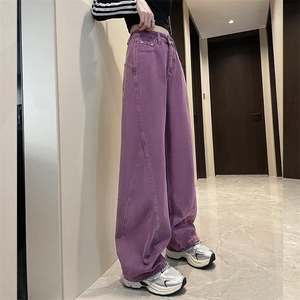 紫色工装阔腿牛仔裤女2025新款男女显瘦宽松弯刀裤子W2508 P40图片