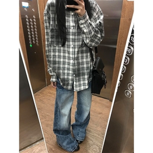 CSG23LL-特P48 美式复古扎染格子衬衫男设计感小众衬衣图片