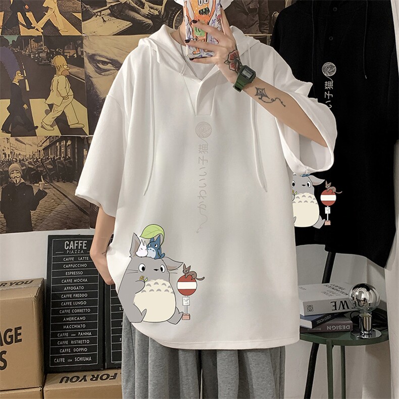 LD54152-P45 连帽短袖t恤男大码胖子带帽五分袖中袖 海报风图片