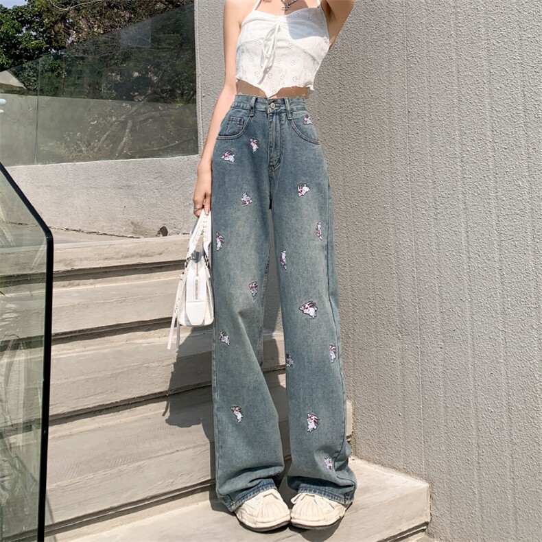 C978高腰刺绣直筒牛仔裤女新款怀旧美式设计感小众阔腿裤P65图片