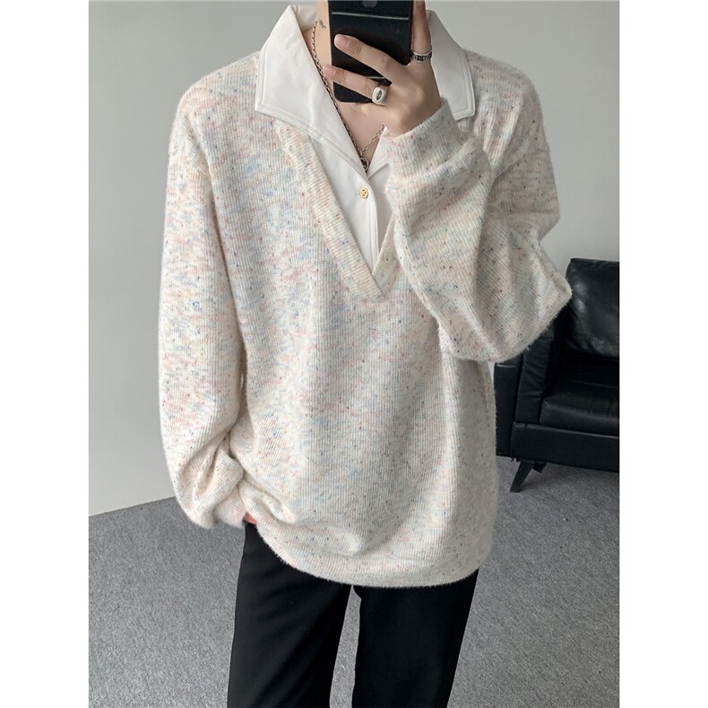 美式男士卫衣慵懒风彩点假两件翻领毛衣外衣宽松休闲针织衫，男装针织衫/毛衣，电商B319