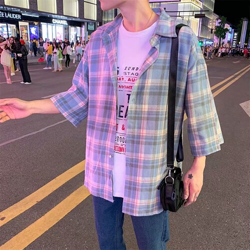 C323格子短袖衬衫百搭小清新文艺衬衣潮蓝色调翻领防晒衫外套学生图片