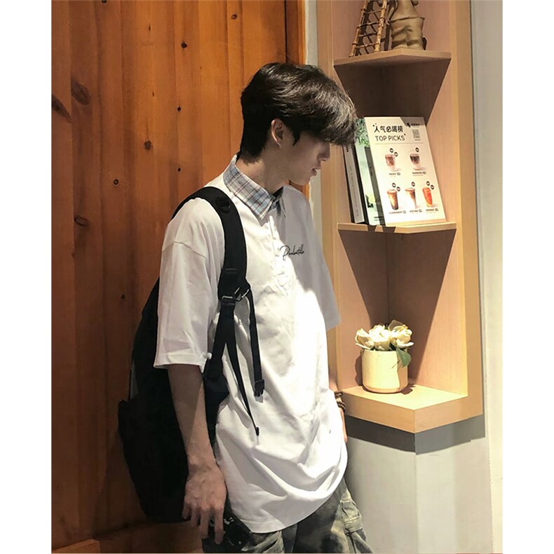 得物抖音品质冰感面料美式印花格子翻领POLO衬衫短袖T恤APL0304,男装T恤,电商A443